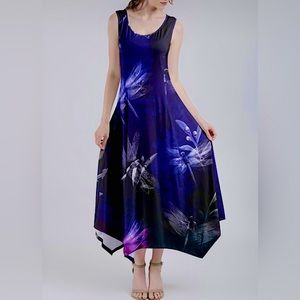 Black and purple handkerchief dragonfly sleeveless dress.